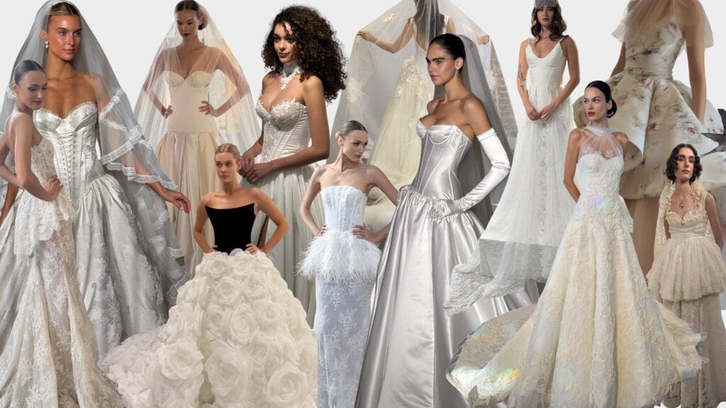 A lineup of models showcasing the top 2027 wedding dress trends at New York Bridal Fashion Week, featuring modern lace, peplum silhouettes, and 3D floral appliqués.